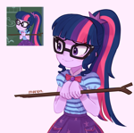 Size: 2869x2857 | Tagged: safe, artist:maren, screencap, sci-twi, twilight sparkle, human, equestria girls, equestria girls series, holidays unwrapped, the cider louse fools, spoiler:eqg series (season 2), clothes, female, glasses, high res, open mouth, open smile, school uniform, sci-twiabetes, screencap reference, smiling, solo, stick
