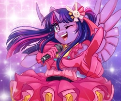 Size: 3597x2998 | Tagged: safe, artist:melodylibris, twilight sparkle, alicorn, anthro, g4, ai hoshino, blushing, clothes, dress, female, gloves, high res, looking at you, mare, microphone, one eye closed, open mouth, open smile, oshi no ko, pointing at you, smiling, smiling at you, solo, sparkles, spread wings, twi hoshino, twilight sparkle (alicorn), wings, wink, winking at you