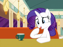 Size: 956x720 | Tagged: safe, screencap, rarity, pony, unicorn, g4, season 6, the saddle row review, animated, booth, cropped, cup, diner, female, mare, solo, sound, teacup, webm