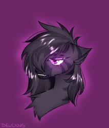 Size: 1839x2160 | Tagged: safe, artist:delicious, oc, oc only, oc:mathithiia, zebra, fallout equestria, angry, chest fluff, necromancer, purple background, purple eyes, simple background, solo