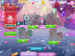 Size: 2048x1536 | Tagged: safe, gameloft, forget-me-not, honeysuckle, seashell (g1), snuzzle, starshine, earth pony, flutter pony, pony, g1, g4, my little pony: magic princess, bow, coin, collection, costs real money, english, female, gem, group, mare, mobile game, numbers, tail, tail bow, text, timer, wings