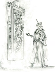 Size: 1100x1436 | Tagged: safe, artist:baron engel, princess cadance, queen chrysalis, alicorn, changeling, changeling queen, anthro, plantigrade anthro, g4, bathrobe, bondage, carbonite, clothes, encasement, female, horn, monochrome, pencil drawing, robe, simple background, sith, smiling, smirk, star wars, star wars: the empire strikes back, story included, tail, traditional art, victorious villain, white background, wings