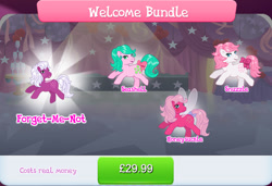 Size: 1266x864 | Tagged: safe, gameloft, forget-me-not, honeysuckle, seashell (g1), snuzzle, earth pony, flutter pony, pony, g1, g4, my little pony: magic princess, blushing, bow, bundle, coin, collection, costs real money, english, female, gem, group, mare, mobile game, numbers, tail, tail bow, text, timer, wings