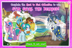 Size: 1964x1304 | Tagged: safe, gameloft, cattail, cauldron bubbles, meadowbrook, ms. vine, star swirl the bearded, earth pony, pony, unicorn, g4, my little pony: magic princess, advertisement, apron, beard, clothes, collection, dress, english, facial hair, female, flower, flower in hair, glasses, hair accessory, hat, horn, jewelry, male, mare, mobile game, necklace, stallion, text, unshorn fetlocks