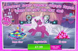 Size: 1958x1301 | Tagged: safe, gameloft, forget-me-not, flutter pony, pony, g1, g4, my little pony: magic princess, advertisement, blushing, costs real money, dance floor, english, female, gem, introduction card, mare, mobile game, numbers, sale, solo, text, wings