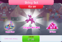 Size: 1267x857 | Tagged: safe, gameloft, forget-me-not, flutter pony, pony, g1, g4, my little pony: magic princess, bundle, costs real money, dance floor, english, female, gem, mare, mobile game, numbers, sale, shiny set, solo, text, wings