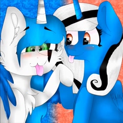 Size: 768x766 | Tagged: safe, artist:deadsmoke, oc, oc only, oc:miss smile, oc:snowflake white, pony, blushing, cheek fluff, chest fluff, duo, ear fluff, hug, tongue out, winghug, wings