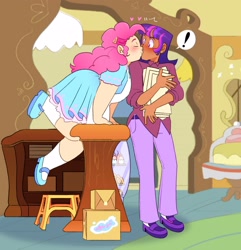 Size: 2792x2900 | Tagged: safe, artist:stevetwisp, pinkie pie, twilight sparkle, human, g4, blushing, box, chubby, clothes, dark skin, dress, duo, exclamation point, female, flats, high res, humanized, kiss on the lips, kissing, leaning forward, lesbian, light skin, pants, ship:twinkie, shipping, shirt, shoes, socks, stockings, thigh highs
