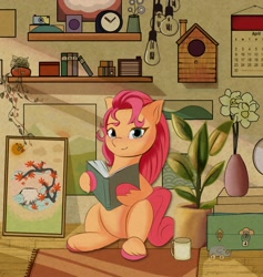 Size: 1705x1800 | Tagged: safe, artist:nari_artsz, sunny starscout, earth pony, pony, g5, book, female, looking at you, mare, reading, room, sitting, smiling, smiling at you, solo
