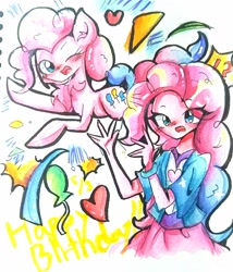 Size: 1080x1262 | Tagged: safe, artist:うめおにぎり, pinkie pie, earth pony, human, pony, equestria girls, g4, duo, female, self paradox, self ponidox, traditional art