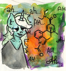 Size: 1791x1920 | Tagged: safe, artist:ploskostnost, lyra heartstrings, unicorn, anthro, g4, abstract background, ald-52, chemistry, drugs, lidded eyes, molecule, solo
