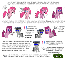 Size: 3272x2944 | Tagged: safe, artist:chopsticks, pinkie pie, oc, oc:chopsticks, earth pony, pegasus, pony, comic:wtb is this?, g4, abuse, chest fluff, clone, comic, crying, dialogue, fangs, female, hat, hiding, hiding in bushes, high res, hoof hold, husband and wife, male, mare, meat cleaver, pinkamena diane pie, pinkie clone, possession, reincarnation, simple background, stallion, text, threatening, transformation, unshorn fetlocks, weapon, white background