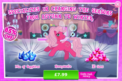 Size: 1958x1301 | Tagged: safe, gameloft, honeysuckle, flutter pony, pony, g4, my little pony: magic princess, advertisement, blushing, costs real money, english, female, gem, introduction card, mare, mobile game, numbers, sale, solo, text, wings