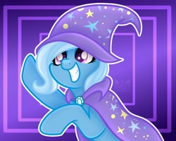 Size: 2048x1638 | Tagged: safe, artist:sweet cream, trixie, pony, unicorn, g4, abstract background, cape, clothes, diamond, female, happy, mare, purple background, simple background, smiling, solo, stars