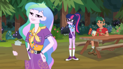 Size: 1920x1080 | Tagged: safe, screencap, princess celestia, principal celestia, sci-twi, timber spruce, twilight sparkle, human, equestria girls, g4, my little pony equestria girls: legend of everfree, badge, bench, camp everfree, camp everfree outfits, clipboard, clothes, converse, derp, female, male, shoes, sneakers