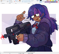 Size: 994x922 | Tagged: safe, artist:kirbscuit, sci-twi, twilight sparkle, human, equestria girls, g4, bandage, clothes, dark skin, glasses, gun, hoodie, human coloration, humanized, ms paint, p90, ponytail, skirt, smiling, solo, submachinegun, weapon
