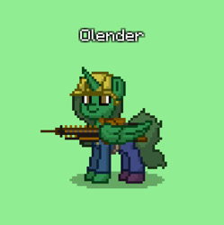 Size: 829x832 | Tagged: safe, oc, oc only, oc:olender, alicorn, pony, fallout equestria, pony town, alicorn oc, artificial alicorn, clothes, gauss rifle, green alicorn (fo:e), green background, gun, hard hat, hat, horn, jumpsuit, pixel art, ponytail, simple background, solo, tail, vault suit, weapon, wings