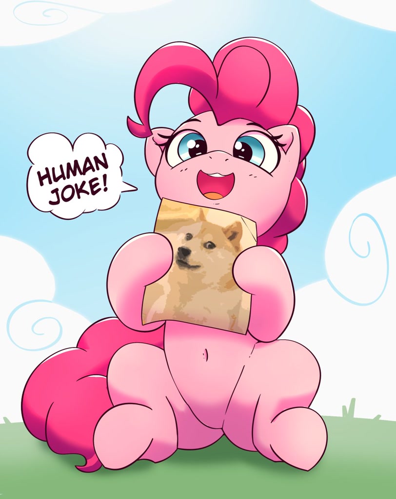 [belly button,cute,dog,earth pony,female,looking at you,mare,meme,open mouth,pinkie pie,pony,safe,sitting,solo,speech bubble,talking to viewer,diapinkes,doge,shiba inu,smiling,hoof hold,smiling at you,artist:pabbley,open smile]