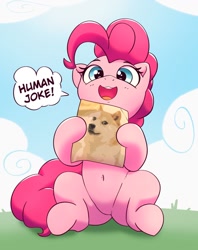 Size: 951x1200 | Tagged: safe, artist:pabbley, pinkie pie, dog, earth pony, pony, shiba inu, g4, belly button, cute, diapinkes, doge, female, hoof hold, looking at you, mare, meme, open mouth, open smile, sitting, smiling, smiling at you, solo, speech bubble, talking to viewer