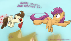 Size: 1200x697 | Tagged: safe, artist:redheadfly, pound cake, scootaloo, pegasus, pony, tumblr:ask-adultscootaloo, g4, age difference, colt, crack shipping, cute, cutie mark, female, flapping wings, flying, foal, heart, heart eyes, hearts and hooves day, male, mare, older, older pound cake, older scootaloo, scootaloo can fly, scootapound, shipping, spread wings, straight, tail, the cmc's cutie marks, valentine's day, wingding eyes, wings