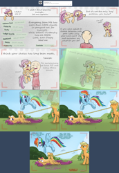 Size: 2002x2907 | Tagged: safe, artist:redheadfly, applejack, rainbow dash, scootaloo, human, pony, tumblr:ask-adultscootaloo, g4, high res, older