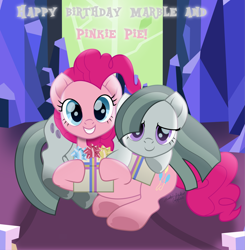 Size: 4971x5076 | Tagged: safe, artist:magister39, artist:php178, marble pie, pinkie pie, earth pony, pony, g4, rainbow roadtrip, season 5, the cutie map, .svg available, 2023, absurd resolution, adorable face, bashful, birthday, birthday gift, blue eyes, bow, complex background, crystal, cuddling, curled up, cute, cute face, cute smile, diapinkes, duo, duo female, equestria font, female, floor, friendship throne, gray, gray mane, hair over one eye, happy birthday, highlights, holding, holding hooves, hoof around neck, hoof heart, hoof hold, hug, inkscape, interior, looking at you, lounging, lying down, lying on the ground, marblebetes, movie accurate, nc-tv signature, on side, pink mane, pink tail, pony pile, present, prone, purple eyes, ribbon, shading, shadow, show accurate, sibling love, siblings, sisterly love, sisters, smiling, smiling at you, stained glass, stripes, svg, tail, text, throne, throne room, tree, twilight's castle, twins, two toned mane, two toned tail, underhoof, upside-down hoof heart, vector