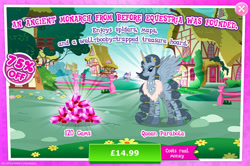 Size: 1955x1301 | Tagged: safe, gameloft, queen parabola, alicorn, pony, zebra, zebra alicorn, g4, my little pony: magic princess, advertisement, costs real money, ear piercing, earring, english, female, gem, horn, horn ring, introduction card, jewelry, mare, mobile game, necklace, numbers, piercing, ring, sale, solo, spread wings, text, wings