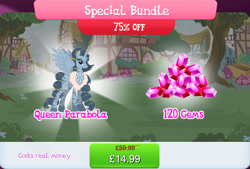 Size: 1268x858 | Tagged: safe, gameloft, queen parabola, alicorn, pony, zebra, zebra alicorn, g4, my little pony: magic princess, bundle, costs real money, ear piercing, earring, english, female, gem, horn, horn ring, jewelry, mare, mobile game, necklace, numbers, piercing, ring, sale, solo, spread wings, text, wings