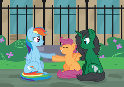 Size: 1748x1240 | Tagged: safe, artist:queertrixie, rainbow dash, scootaloo, oc, oc:foggy day, pegasus, pony, unicorn, fanfic:unseen unheard, g4, crying, cute, daaaaaaaaaaaw, fanfic art, female, filly, foal, mare, scootalove, tears of joy, trio