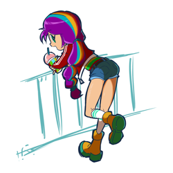 Size: 1500x1500 | Tagged: safe, artist:rvceric, sunny starscout, human, equestria girls, g4, g5, ass, butt, clothes, cute, equestria girls-ified, female, g5 to equestria girls, g5 to g4, generation leap, leaning, leaning forward, looking at you, looking back, looking back at you, mane stripe sunny, railing, shorts, simple background, smoothie, solo, sunny starbutt, sunnybetes, white background