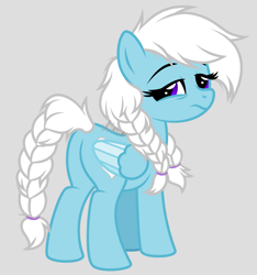 Size: 1919x2048 | Tagged: safe, artist:feather_bloom, oc, oc only, oc:feather bloom(fb), oc:feather_bloom, pony, g4, braid, braided pigtails, braided tail, butt, gray background, messy mane, morning, pigtails, plot, simple background, sleepy, solo, tail, tired