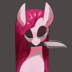 Size: 1280x1280 | Tagged: safe, artist:metaruscarlet, pinkie pie, earth pony, pony, g4, cute, cuteamena, female, knife, mouth hold, pinkamena diane pie, simple background, solo