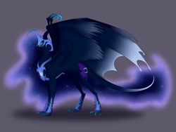 Size: 8000x6000 | Tagged: safe, artist:laisnicizak, nightmare moon, alicorn, dracony, dragon, hybrid, pony, g4, absurd resolution, blue eyes, blue mane, blue tail, claws, curved horn, digital art, dracony alicorn, dragon wings, dragonified, ethereal mane, ethereal tail, fangs, feather, female, flowing mane, flowing tail, glowing, glowing eyes, gray background, helmet, hoof shoes, horn, hybrid wings, lidded eyes, lunadragon, mare, peytral, simple background, smiling, solo, species swap, spread wings, starry mane, starry tail, tail, wings