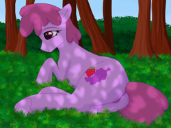 Size: 3200x2400 | Tagged: safe, artist:eklipsethepony, berry punch, berryshine, earth pony, pony, g4, anus, butt, dappled sunlight, drunk, high res, implied anus, implied vulva, lying down, on side, plot, simplistic anus, solo, tail, tail aside, tree
