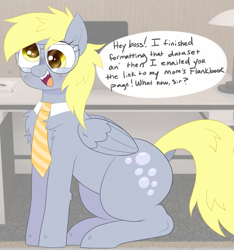 Size: 3000x3200 | Tagged: safe, artist:mclovin, derpy hooves, pegasus, pony, g4, chest fluff, dock, female, glasses, high res, mare, necktie, sitting, smiling, speech bubble, tail, text