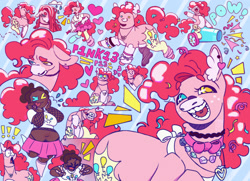 Size: 2048x1486 | Tagged: safe, artist:p0rk-guts, pinkie pie, earth pony, human, pony, g4, alternate versions at source, bowtie, clothes, dark skin, ear piercing, earring, heterochromia, humanized, jewelry, necklace, piercing, ponytail, redesign, skirt, solo