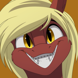 Size: 1000x1000 | Tagged: artist needed, source needed, safe, oc, oc:picture perfect, bat pony, pony, braces, bust, cute, fangs, female, looking at you, ocbetes, sharp teeth, smiling, solo, teeth, yellow eyes