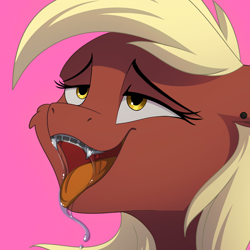 Size: 1000x1000 | Tagged: artist needed, source needed, safe, oc, oc:picture perfect, pony, ahegao, bedroom eyes, braces, bust, drool, ear piercing, ears back, fangs, female, open mouth, oral invitation, piercing, pink background, seductive, sharp teeth, simple background, solo, teeth, tongue out