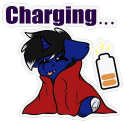 Size: 922x906 | Tagged: safe, artist:rokosmith26, oc, oc only, oc:night reader, pony, unicorn, :p, battery, blanket, charging, chest fluff, commission, eyes closed, floppy ears, half bat pony, simple background, social battery, solo, tongue out, transparent background, ych result