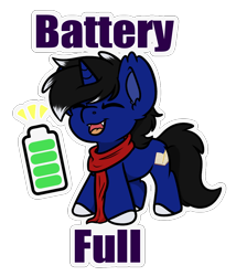 Size: 906x1059 | Tagged: safe, artist:rokosmith26, oc, oc only, oc:night reader, pony, unicorn, :p, battery, chest fluff, clothes, commission, eyes closed, floppy ears, half bat pony, happy, scarf, simple background, social battery, solo, standing, tongue out, transparent background, ych result