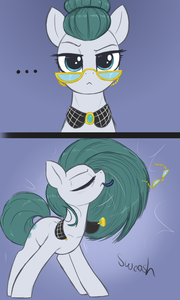 [earth pony,eyes closed,female,glasses,hair bun,hair tie,high res,jewelry,looking at you,loose hair,mare,milf,mouth hold,necklace,pony,safe,solo,this will end in pain,hair flip,cloudy quartz,this will end in snu snu,stupid sexy cloudy quartz,artist:t72b]
