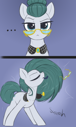 Size: 1800x3000 | Tagged: safe, artist:t72b, cloudy quartz, earth pony, pony, g4, ..., eyes closed, female, glasses, hair bun, hair flip, hair tie, high res, jewelry, looking at you, loose hair, mare, milf, mouth hold, necklace, solo, stupid sexy cloudy quartz, this will end in pain, this will end in snu snu