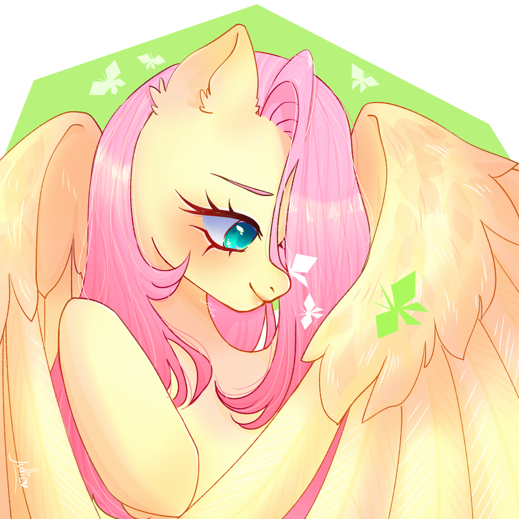 [butterfly,cute,fanart,female,fluttershy,lips,mare,pegasus,pony,safe,solo,wings,shyabetes,looking at something,smiling,butterfly on nose,artist:julieee3e]