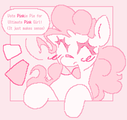 Size: 1467x1381 | Tagged: safe, artist:p0rk-guts, pinkie pie, earth pony, pony, g4, blush lines, blushing, eyes closed, pink background, simple background, solo, speech bubble