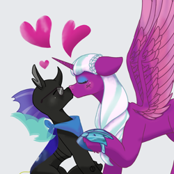 Size: 1080x1080 | Tagged: safe, artist:flower-black, opaline arcana, oc, oc:wasisi, alicorn, changeling, pony, g5, canon x oc, changeling oc, clothes, commission, concave belly, duo, eyes closed, gray background, heart, kiss on the lips, kissing, scarf, simple background, white background