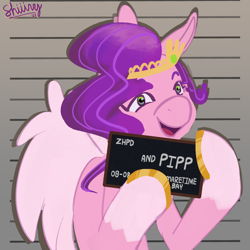 Size: 2000x2000 | Tagged: safe, artist:shiiiny, pipp petals, pegasus, pony, g5, barbie, barbie (film), barbie mugshot meme, coat markings, colored hooves, colored wings, digital art, eyebrows, female, high res, hoof hold, looking at you, mare, meme, mugshot, open mouth, open smile, signature, smiling, smiling at you, socks (coat markings), solo, spread wings, sweat, sweatdrop, wings
