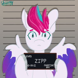 Size: 2000x2000 | Tagged: safe, artist:shiiiny, zipp storm, pegasus, pony, g5, barbie, barbie (film), barbie mugshot meme, colored wings, eyebrows, female, high res, hoof hold, looking at you, mare, meme, mugshot, open mouth, signature, solo, spread wings, wings, worried