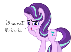 Size: 1011x745 | Tagged: safe, artist:mrvector, edit, vector edit, starlight glimmer, pony, unicorn, g4, bashful, blatant lies, blush sticker, blushing, cursive writing, cute, female, glimmerbetes, humility, i'm not cute, mare, simple background, solo, vector, white background