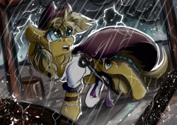 Size: 1920x1358 | Tagged: safe, artist:julunis14, oc, oc only, oc:ayza, pony, unicorn, boat, cape, captain, clothes, coat markings, crying, distressed, facial markings, female, hat, lightning, pirate, rain, socks (coat markings), solo, song reference, star (coat marking), storm, sword, weapon