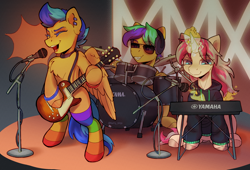 Size: 2572x1748 | Tagged: safe, artist:cherry_kotya, oc, oc only, oc:artell, oc:dashka bun, oc:eclair winglain, pegasus, pony, unicorn, bipedal, chest fluff, clothes, drums, electric guitar, guitar, keyboard, les paul, magic, microphone, microphone stand, musical instrument, rainbow socks, singing, socks, stockings, striped socks, sunglasses, synthesizer, thigh highs, wings